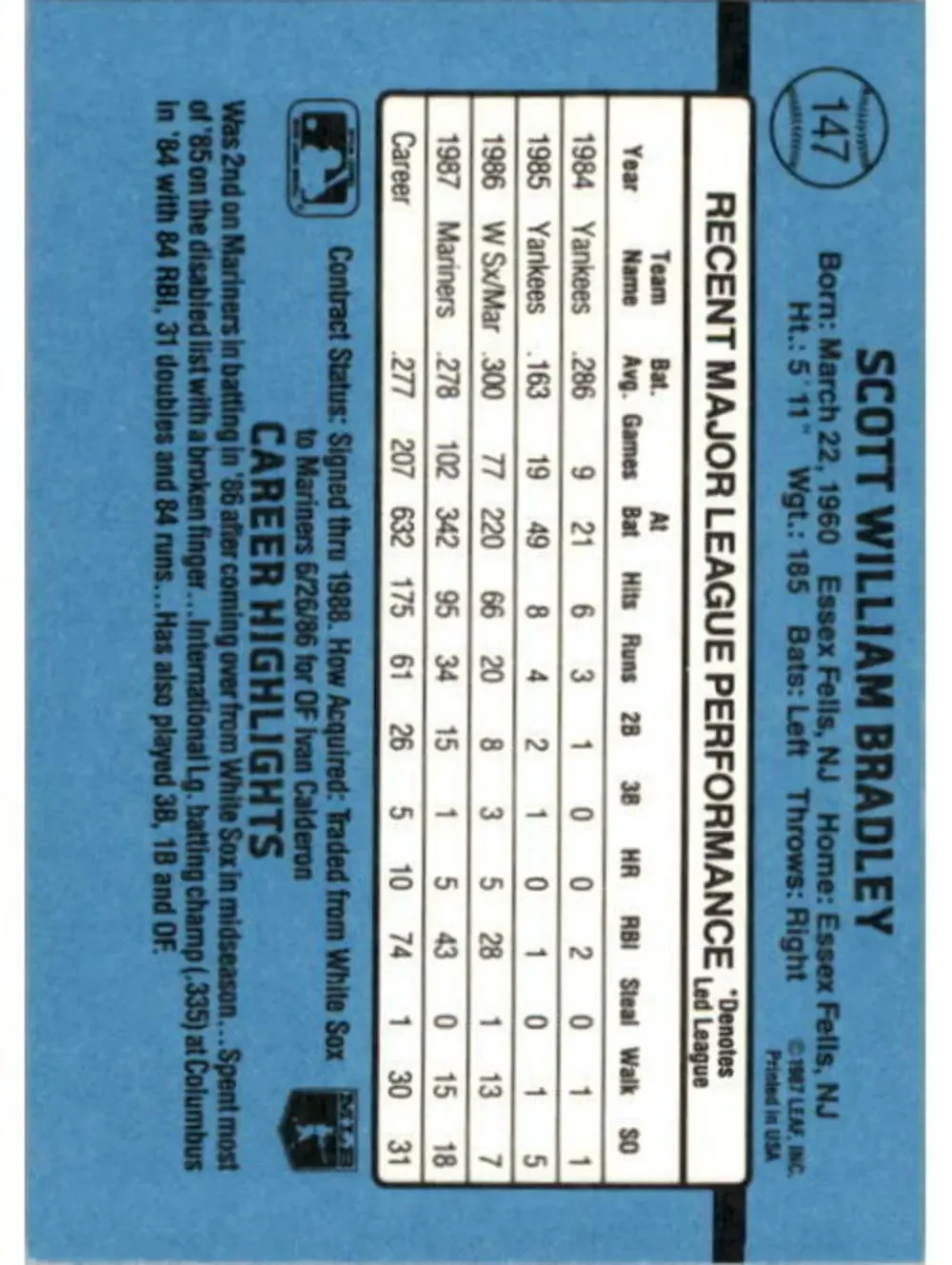 1988 Scott Bradley Donruss Baseball Card #147